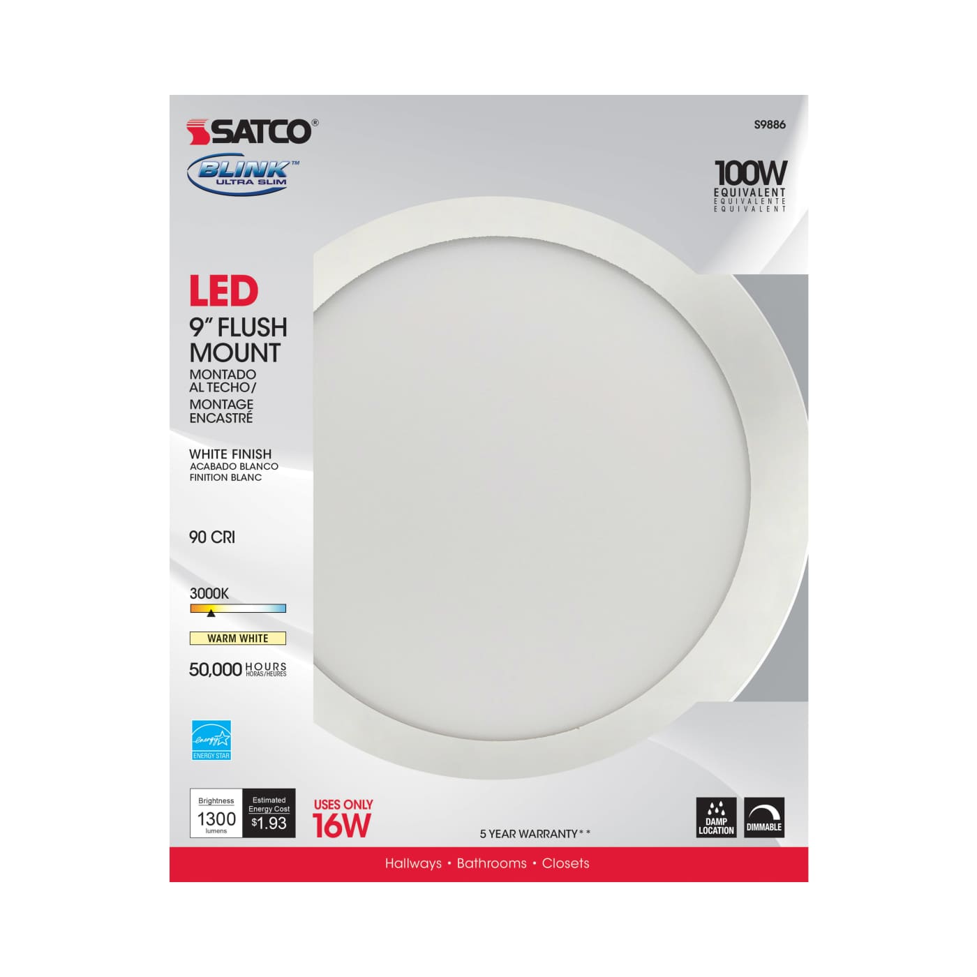 16W/LED/9"FLUSH/3K/WH/SL - S9886