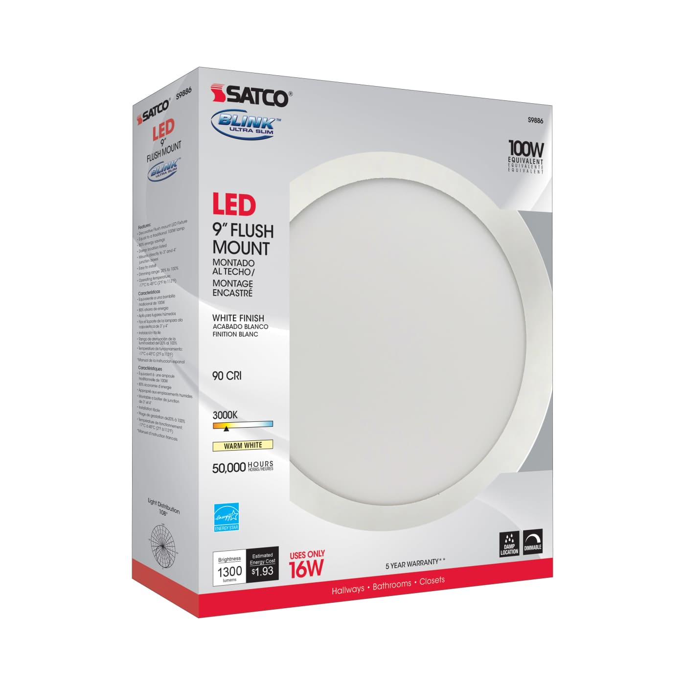 16W/LED/9"FLUSH/3K/WH/SL - S9886