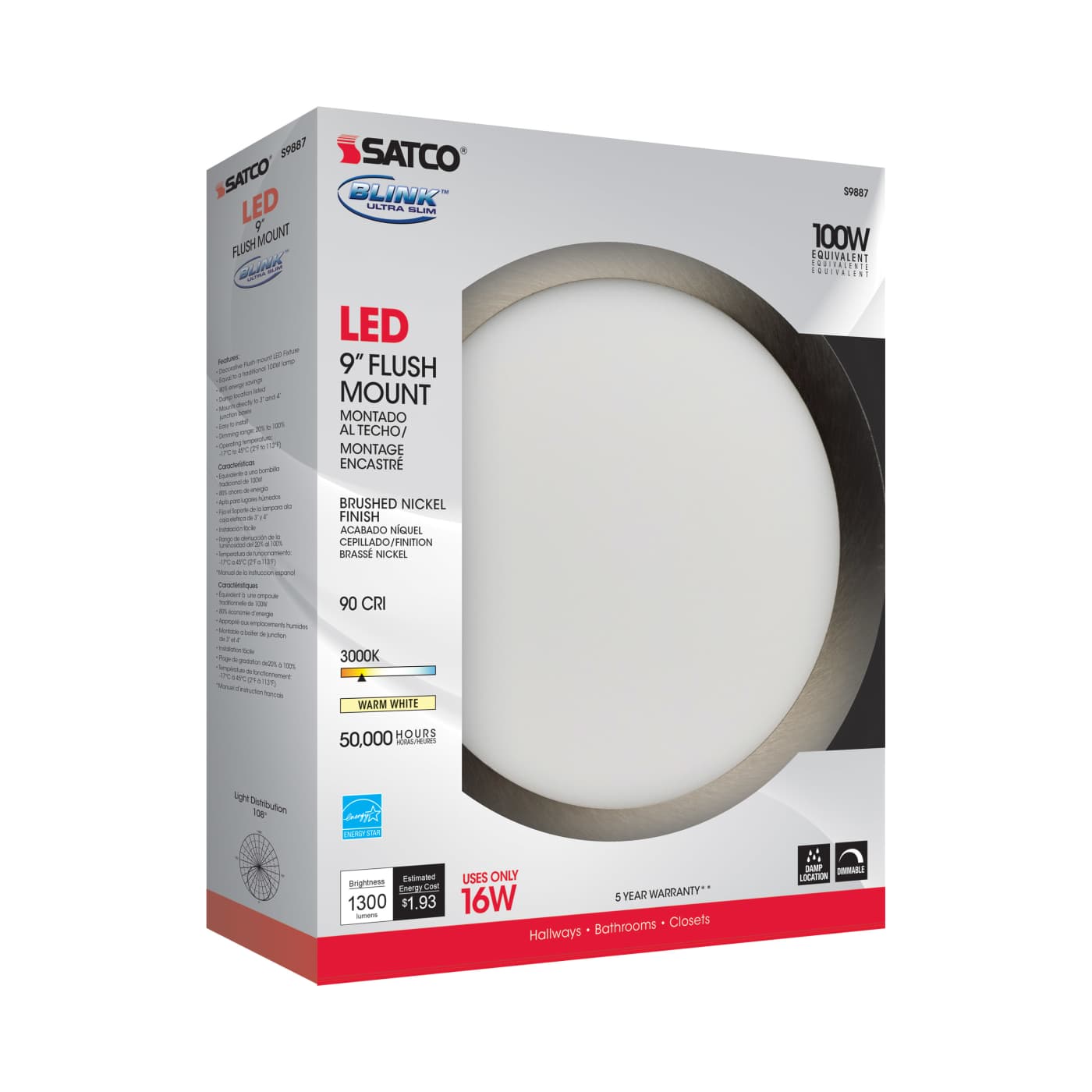 16W/LED/9"FLUSH/3K/BN/SL - S9887