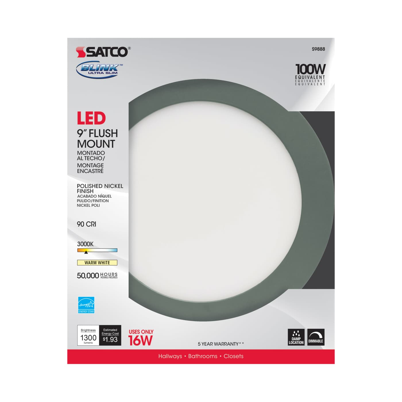 16W/LED/9"FLUSH/3K/PN/SL - S9888