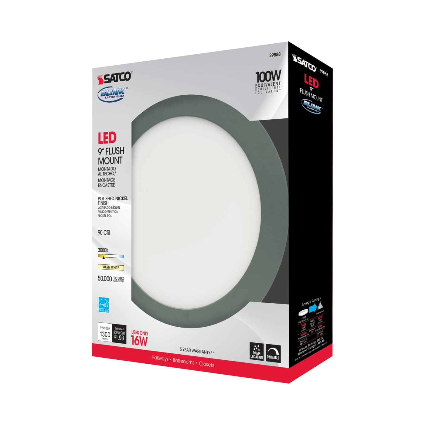 16W/LED/9"FLUSH/3K/PN/SL - S9888