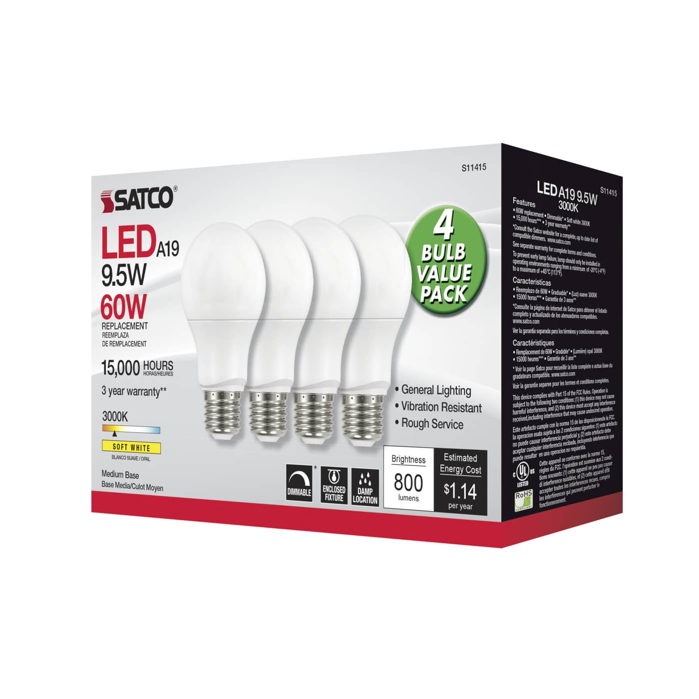 9.5A19/LED/830/120V/D/4PK - S11415