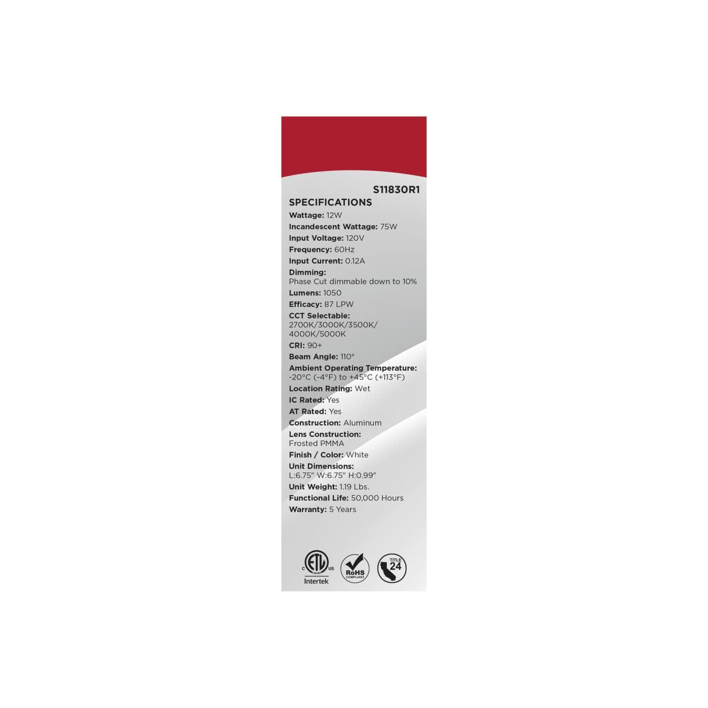 12WLED/DW/EL/6/CCT-SEL/SQ/RD - S11830R1