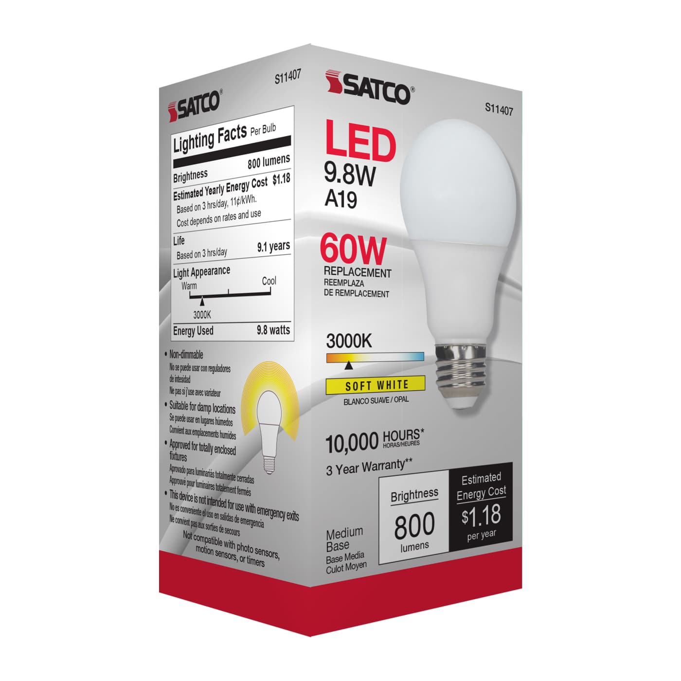 9.8A19/LED/30K/120V/ECO/ND - S11407