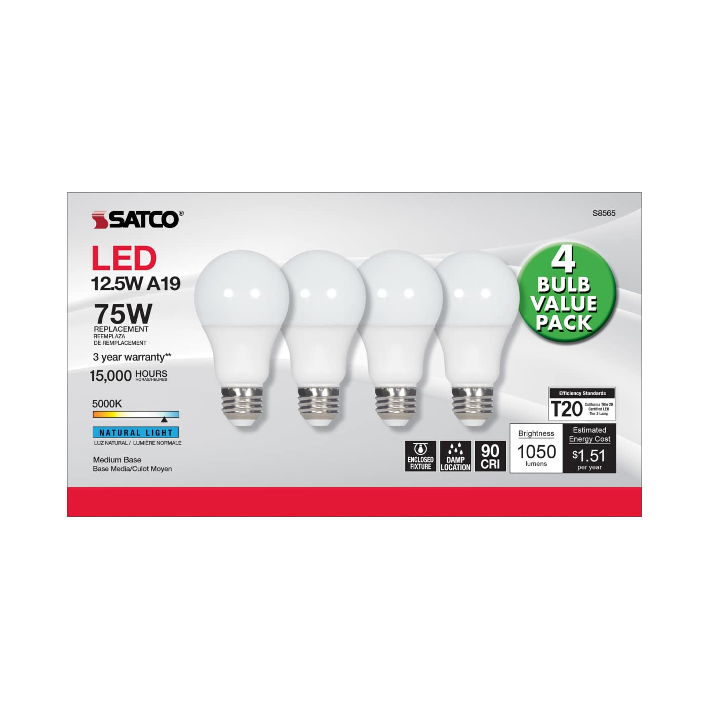 12.5A19/LED/50K/ND/120V/4PK - S8565