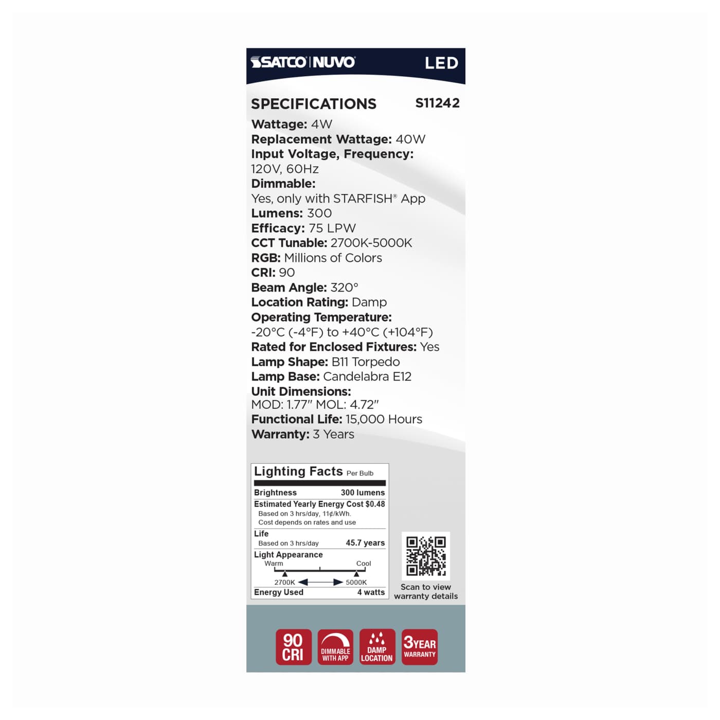 B11/4W/LED/RGBTW/CL/E12 - S11242