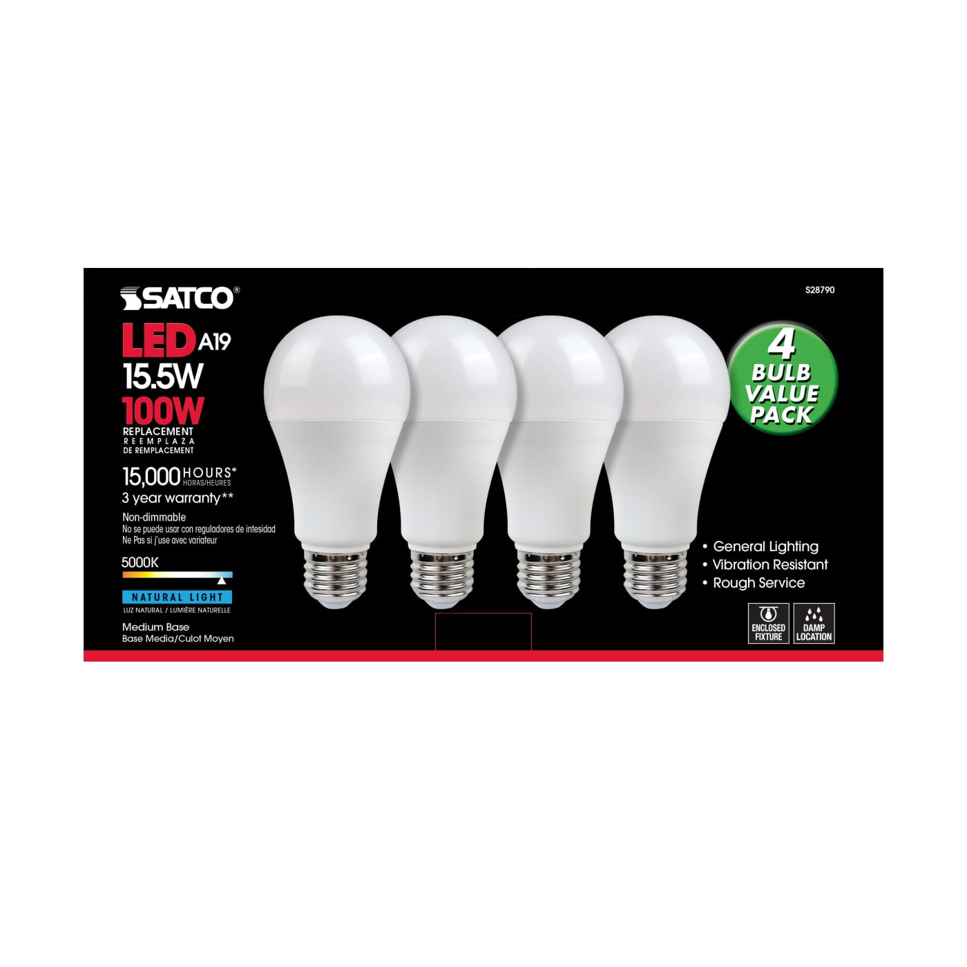 15.5A19/LED/50K/ND/120V/4PK - S28790