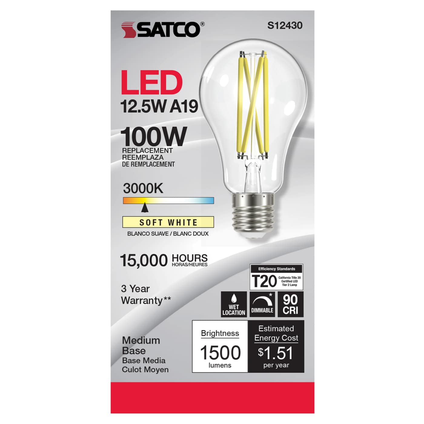 12.5A19/CL/LED/E26/930/120V - S12430