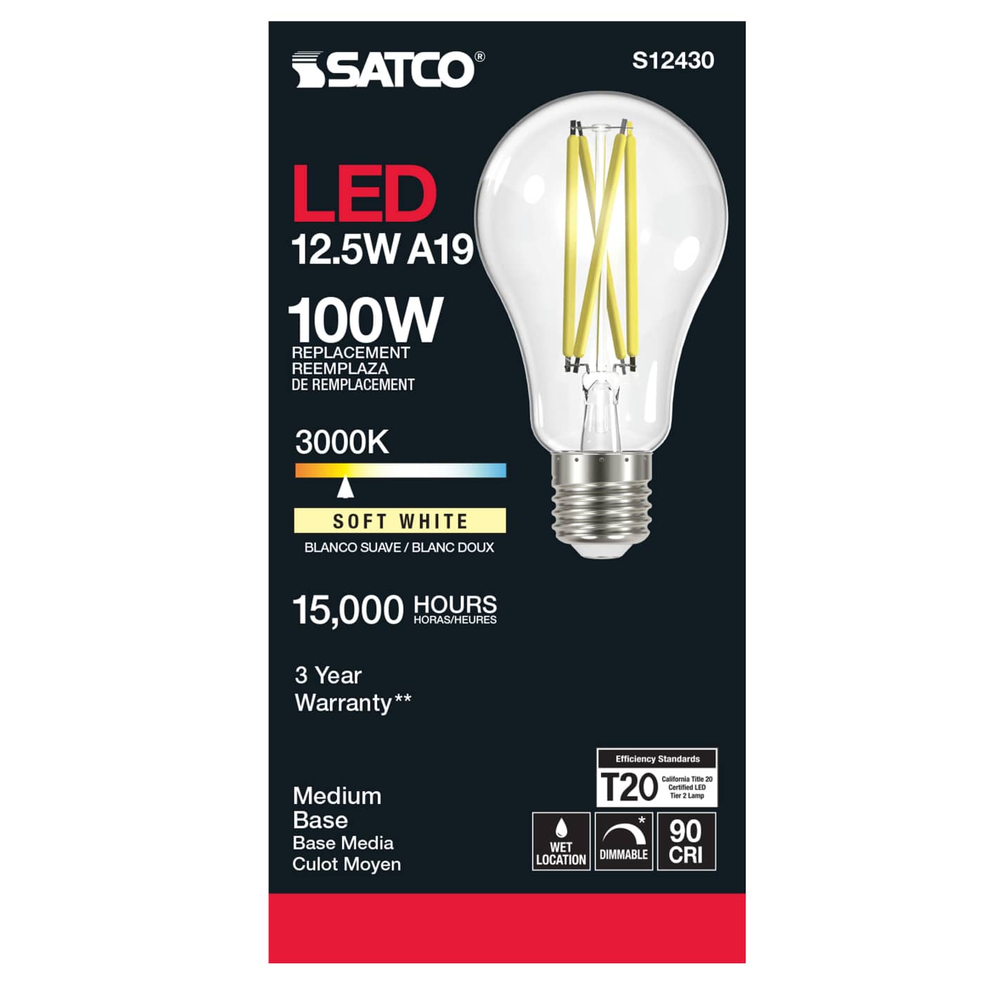 12.5A19/CL/LED/E26/930/120V - S12430