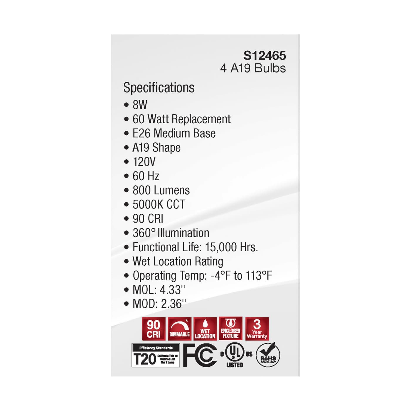 8A19/CL/LED/E26/950/4PK/120V - S12465