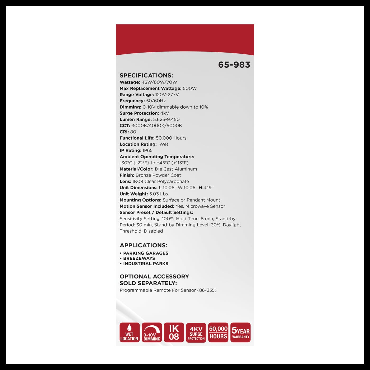 10" LED CANOPY W/SENSOR - 65-983