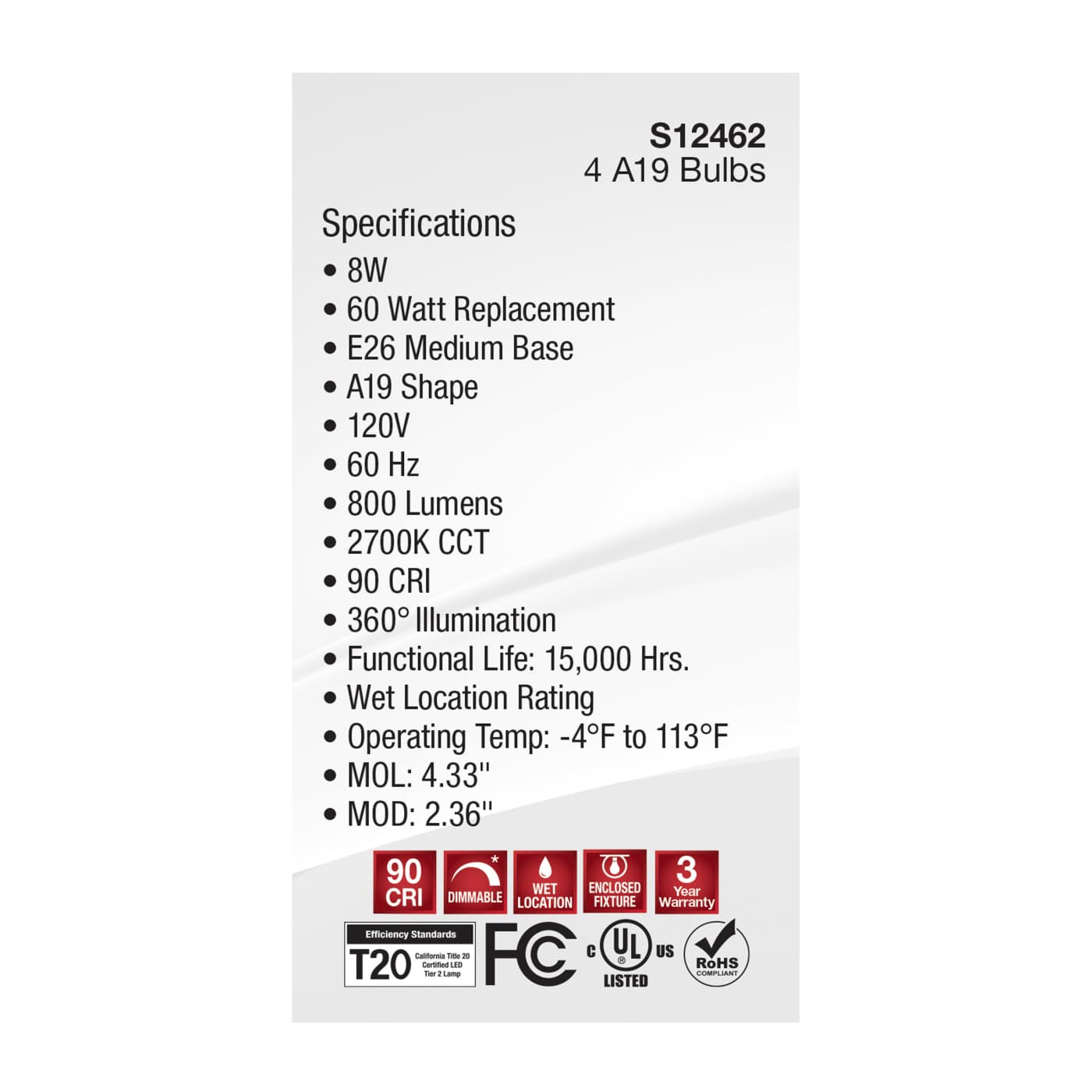 8A19/CL/4PK/E26/927/LED/120V - S12462