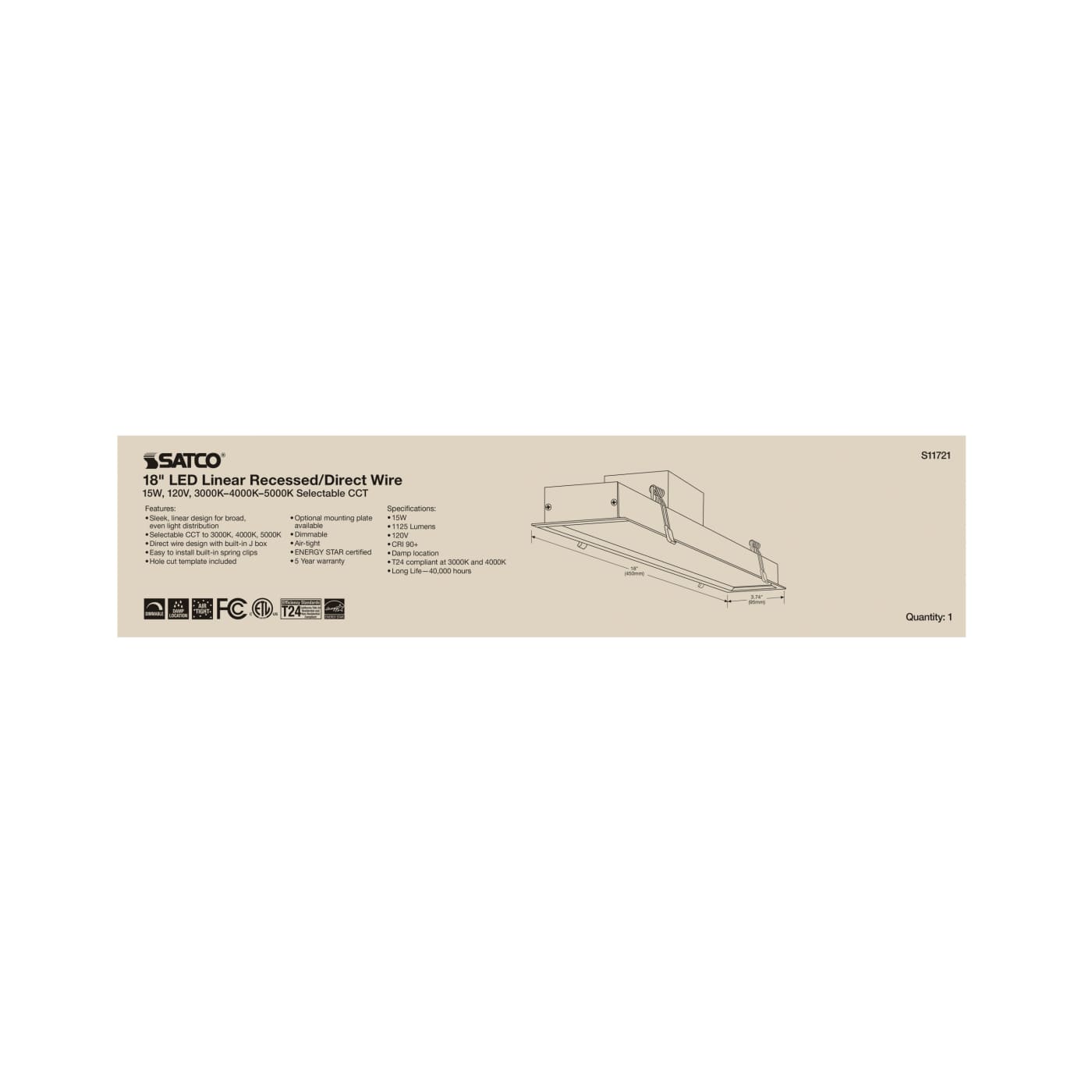 15WLED/DW/LINEAR/18"/ADJ-CCT - S11721