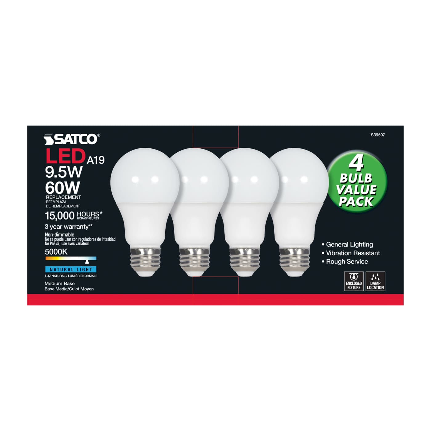 9.5A19/LED/850/ND/120V/4PK - S39597
