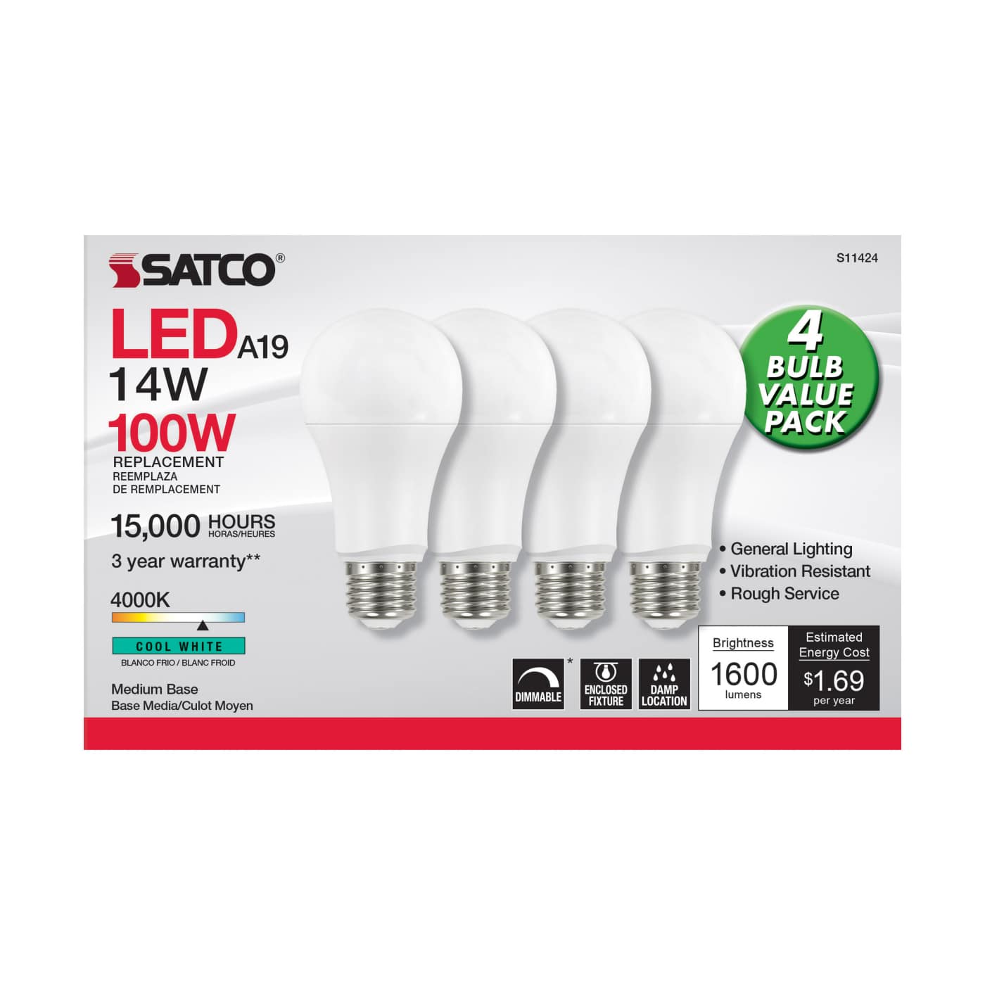 14A19/LED/840/120V/D/4PK - S11424