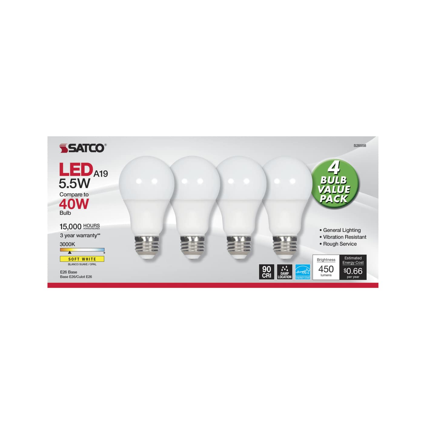 5.5A19/LED/930/120V/ND/4PK - S28558