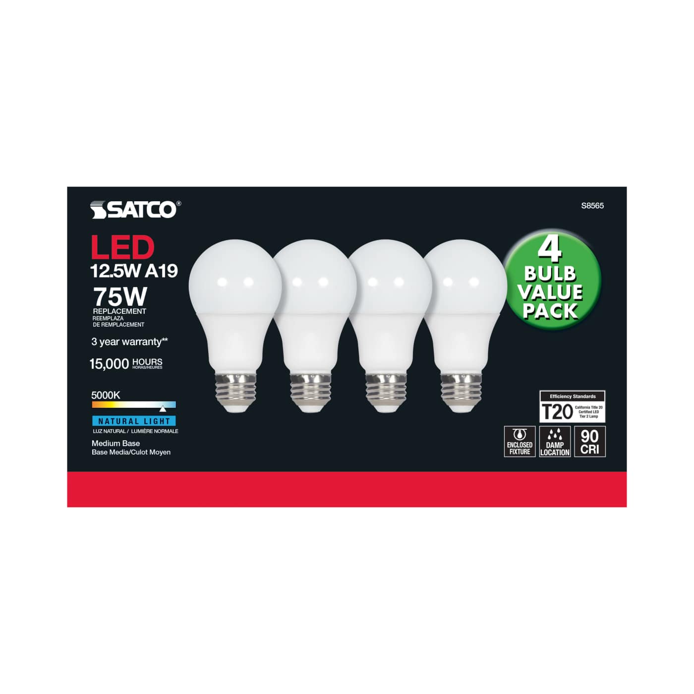 12.5A19/LED/50K/ND/120V/4PK - S8565