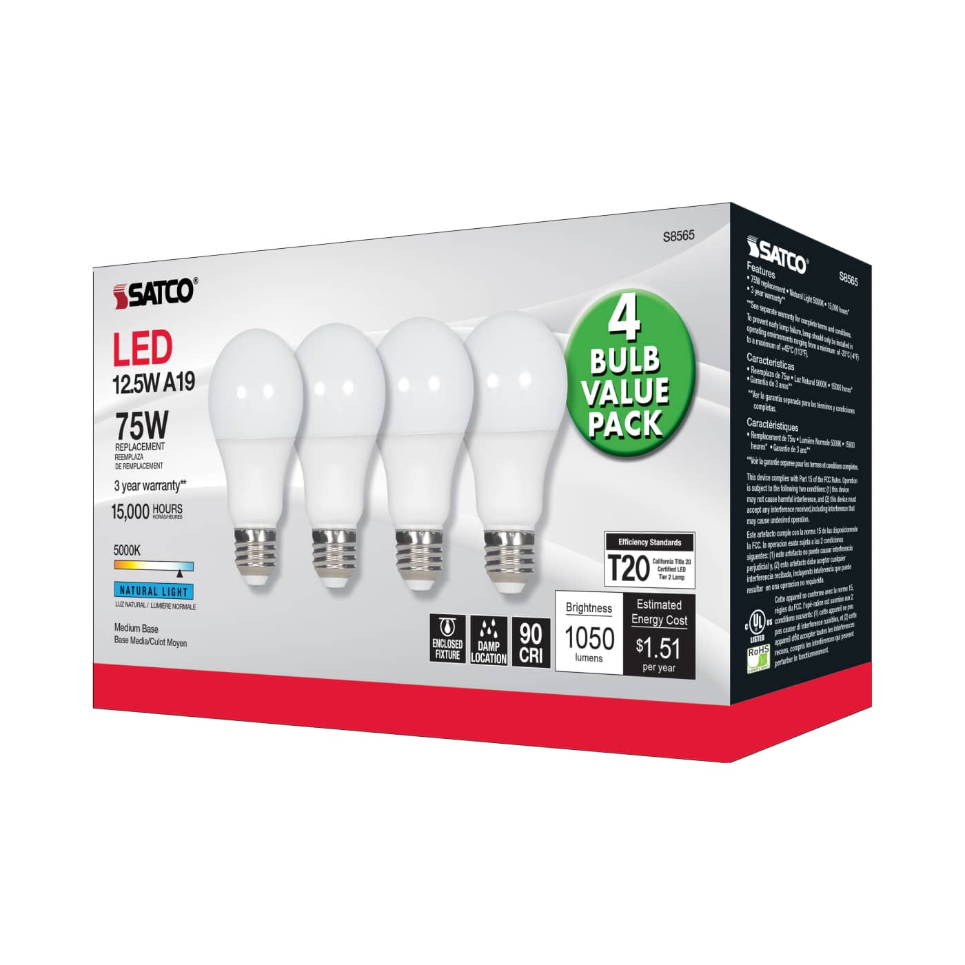 12.5A19/LED/50K/ND/120V/4PK - S8565