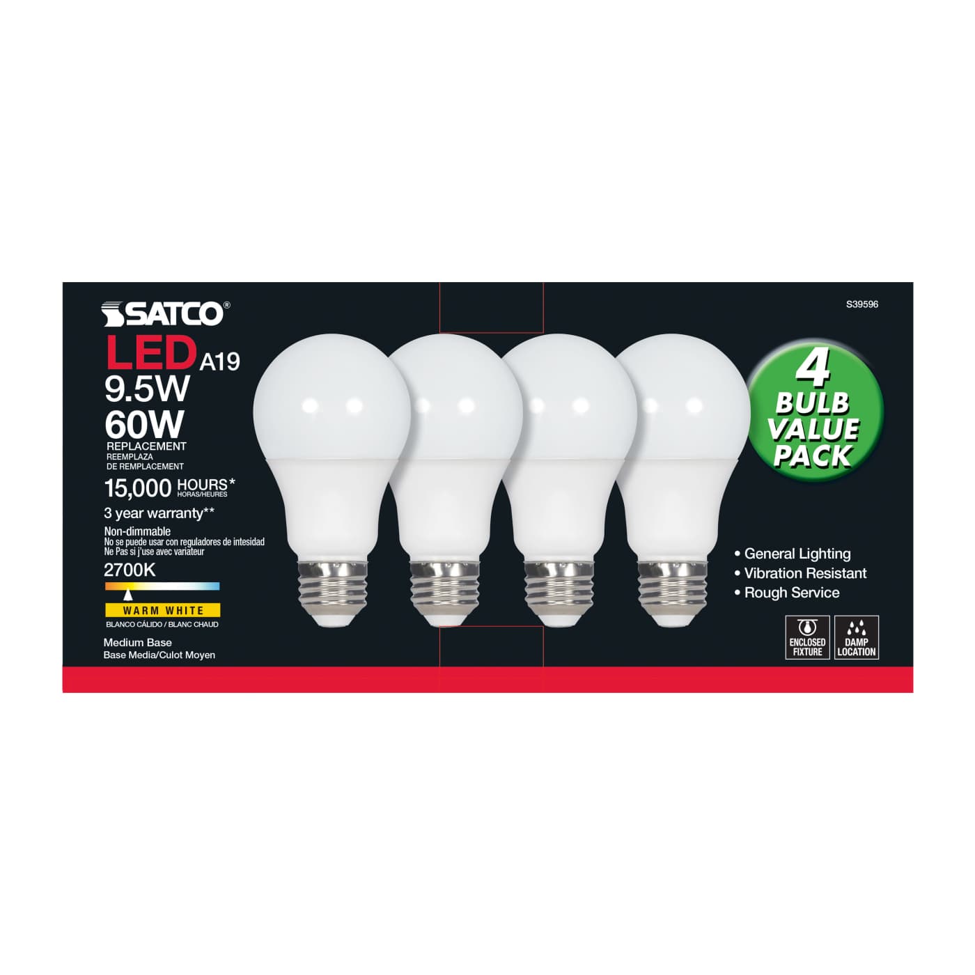 9.5A19/LED/827/ND/120V/4PK - S39596
