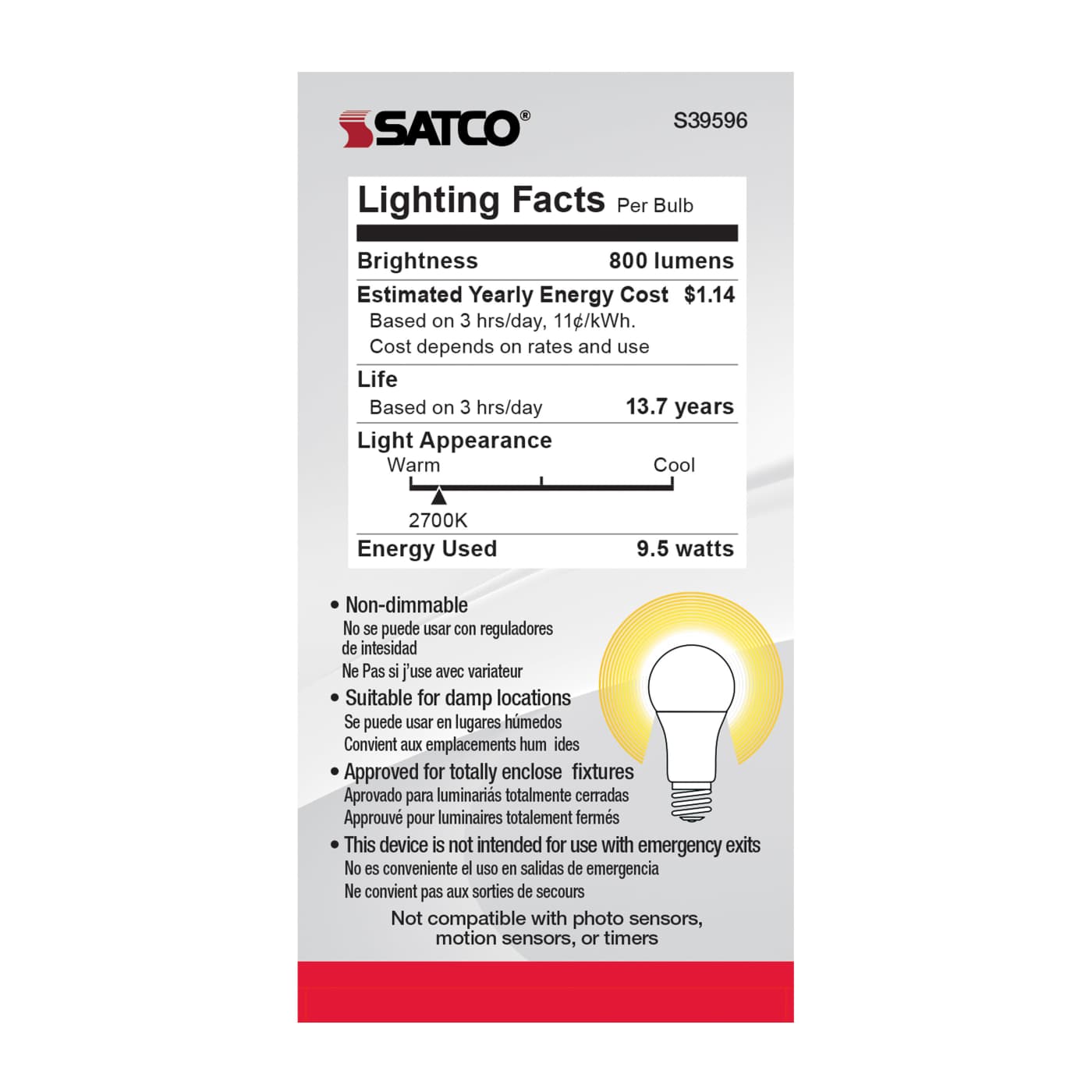 9.5A19/LED/827/ND/120V/4PK - S39596