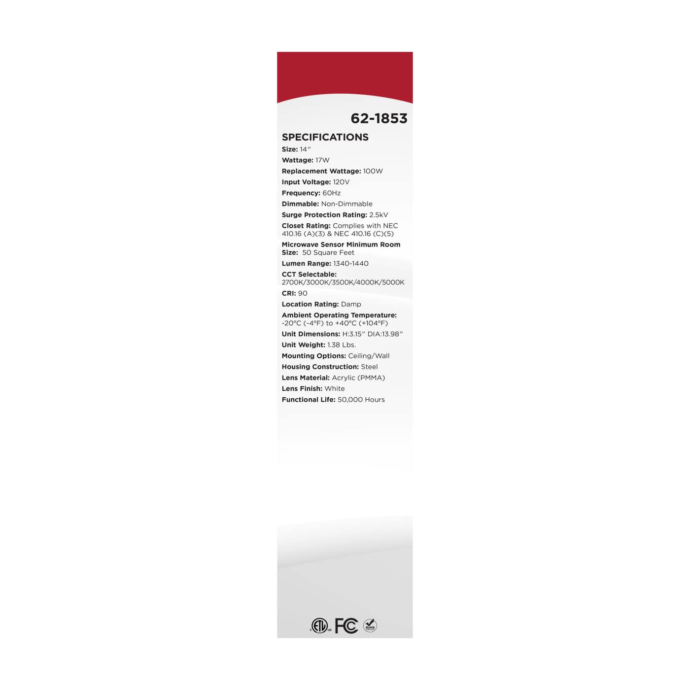 14" LED CLOUD FIXTURE W/SENSOR - 62-1853