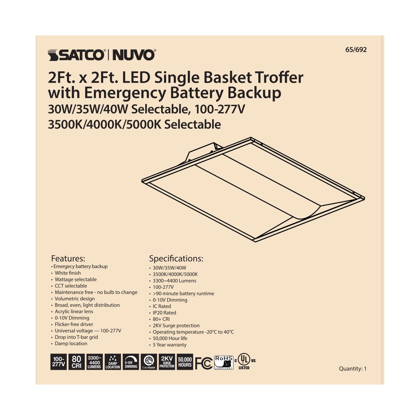 2X2 EM SINGLE BASKET TROFFER - 65-692