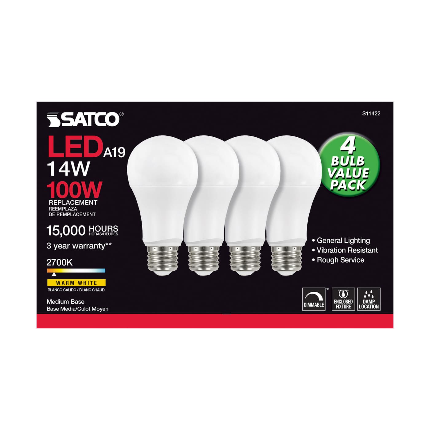 14A19/LED/827/120V/D/4PK - S11422