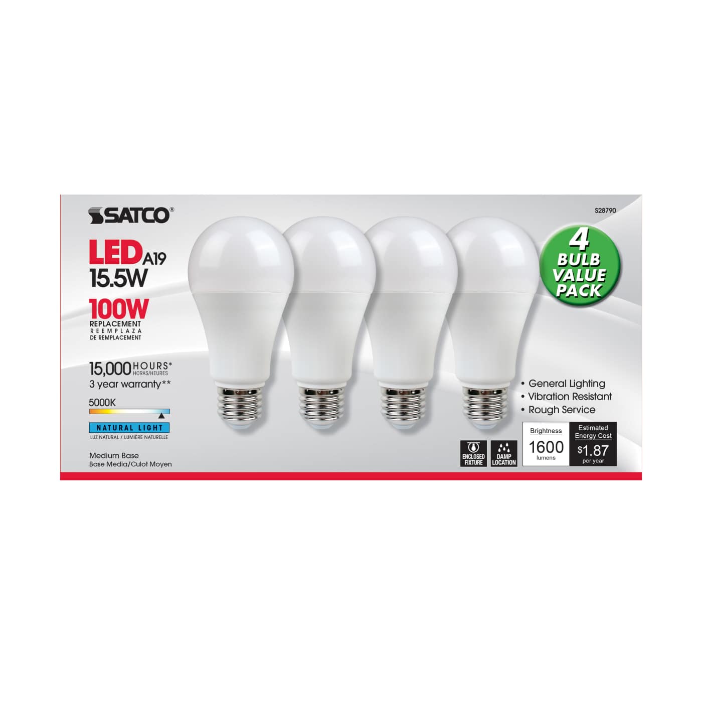 15.5A19/LED/50K/ND/120V/4PK - S28790