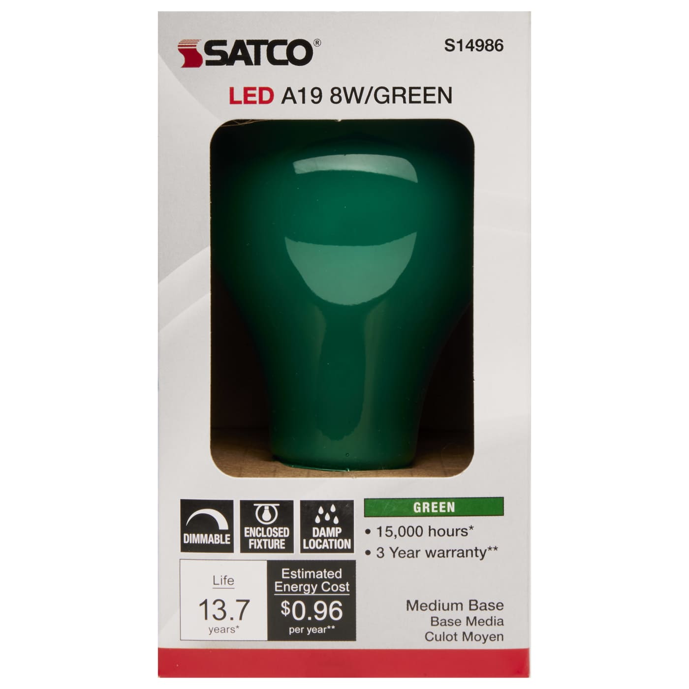 8A19/GREEN/LED/E26/120V - S14986