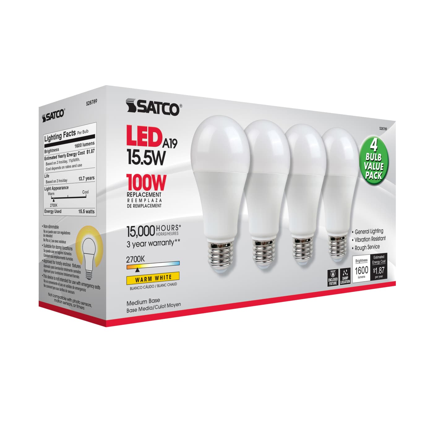 15.5A19/LED/27K/ND/120V/4PK - S28789