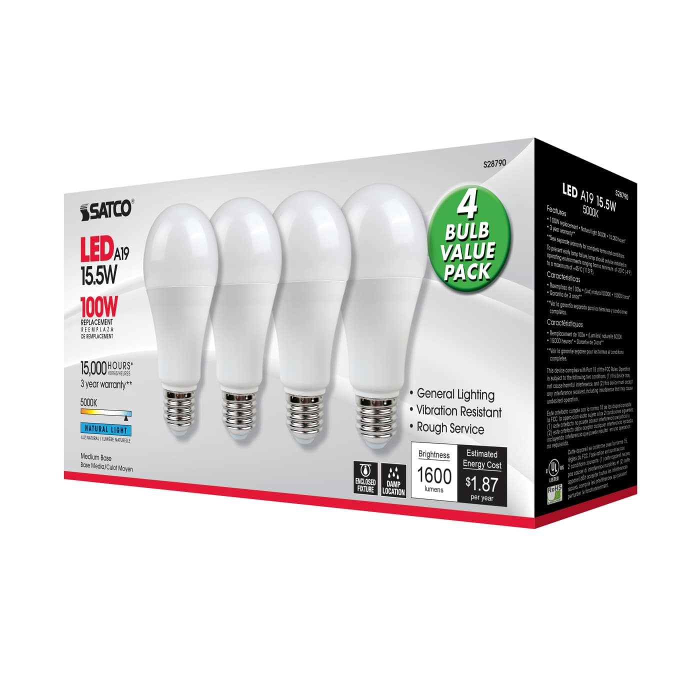 15.5A19/LED/50K/ND/120V/4PK - S28790