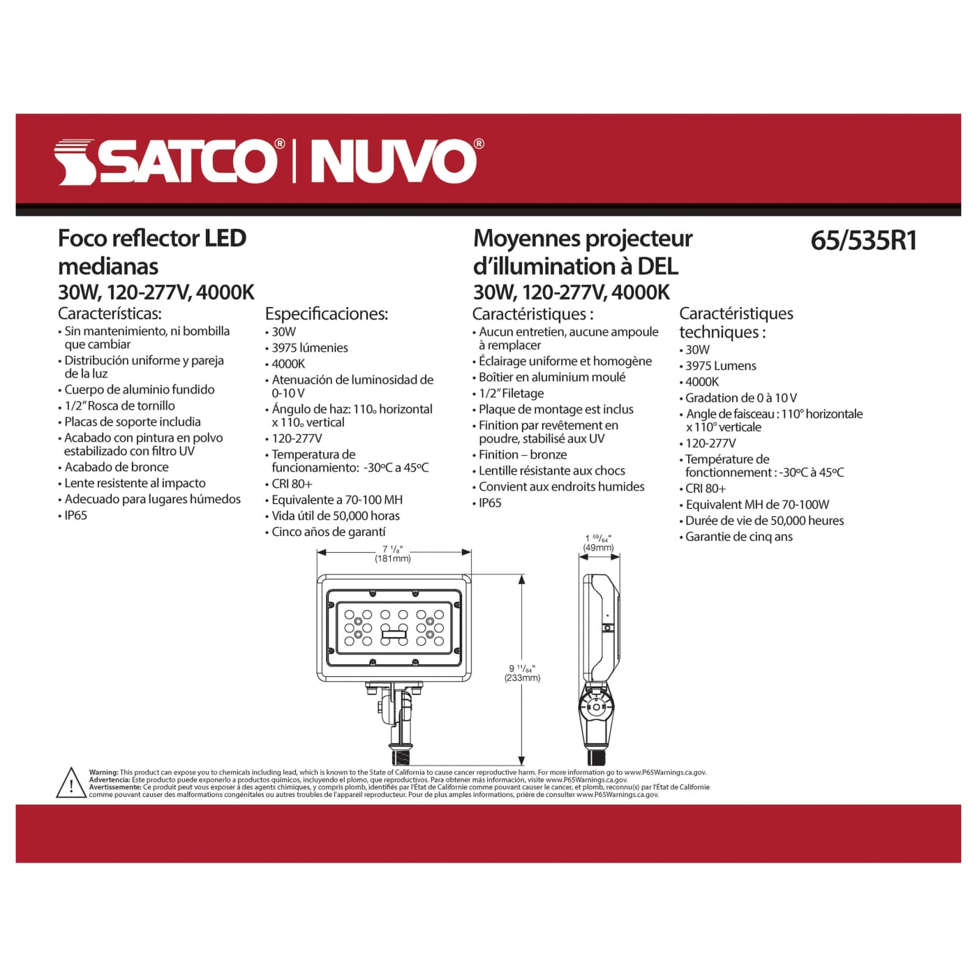 LED MEDIUM FLOOD 30W 4000K DIM - 65-535R1