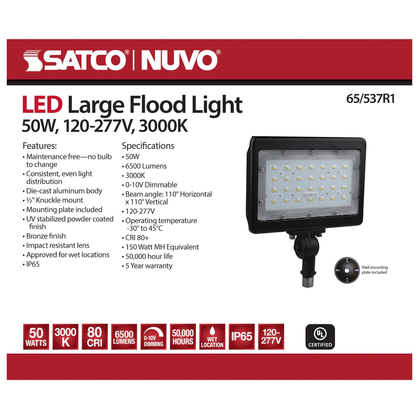 LED LARGE FLOOD 50W 3000K DIM - 65-537R1