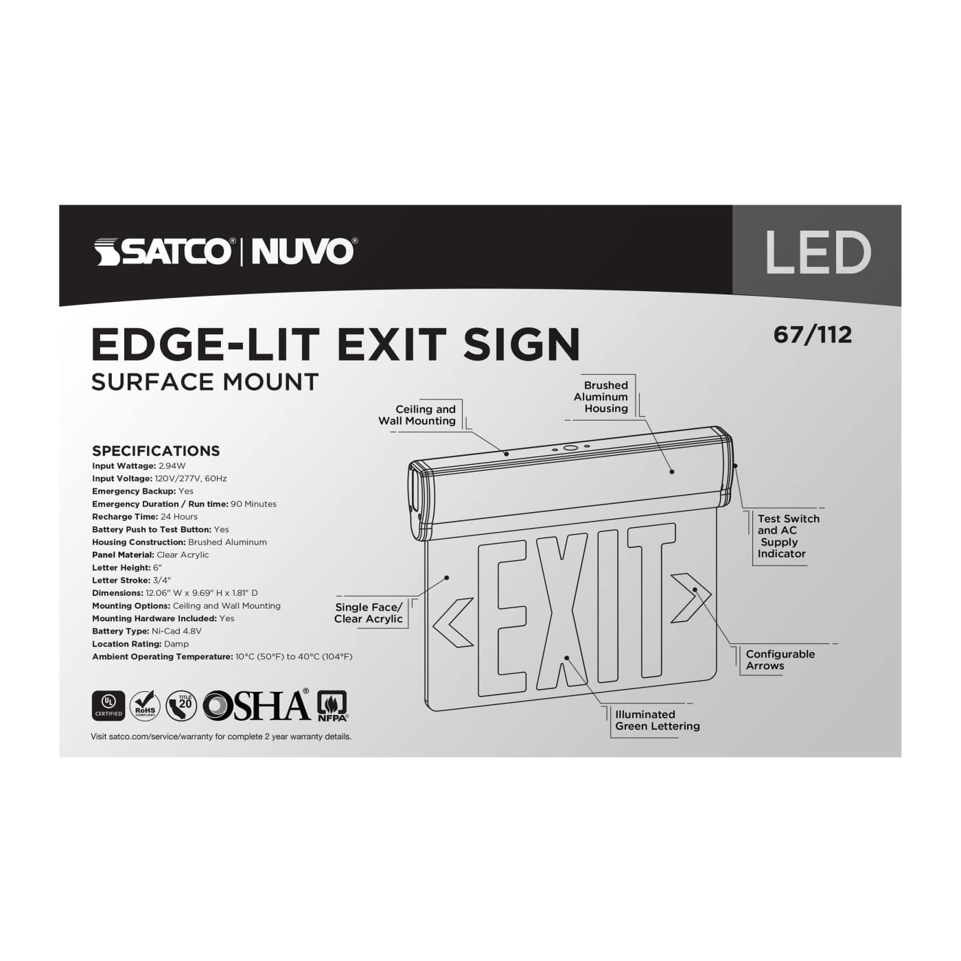 EL EXIT SIGN - SF GR CLR - 67-112