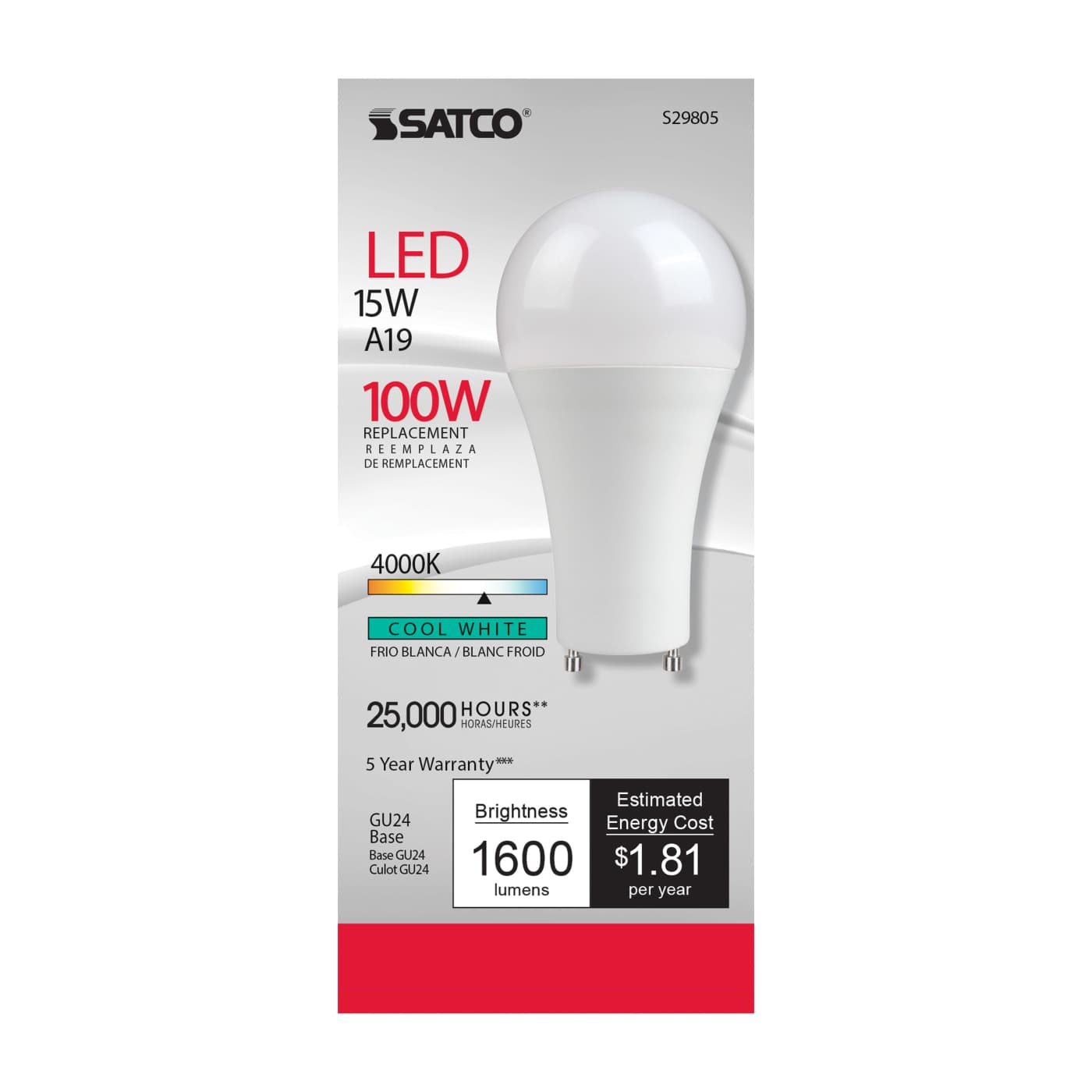 15A19/LED/40K/1600/120V/GU24 - S29805