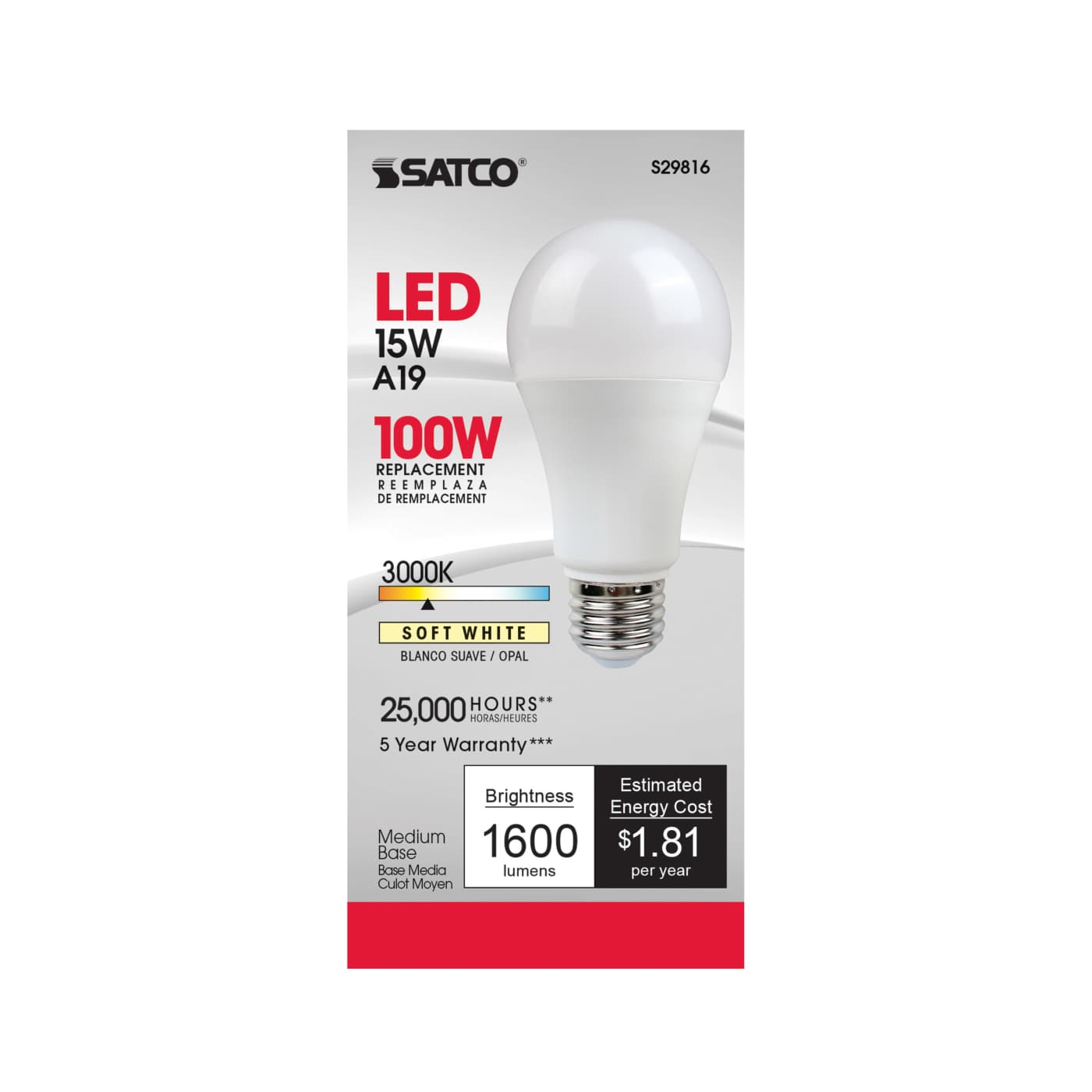 15A19/LED/3000K/1600L/120V/D - S29816