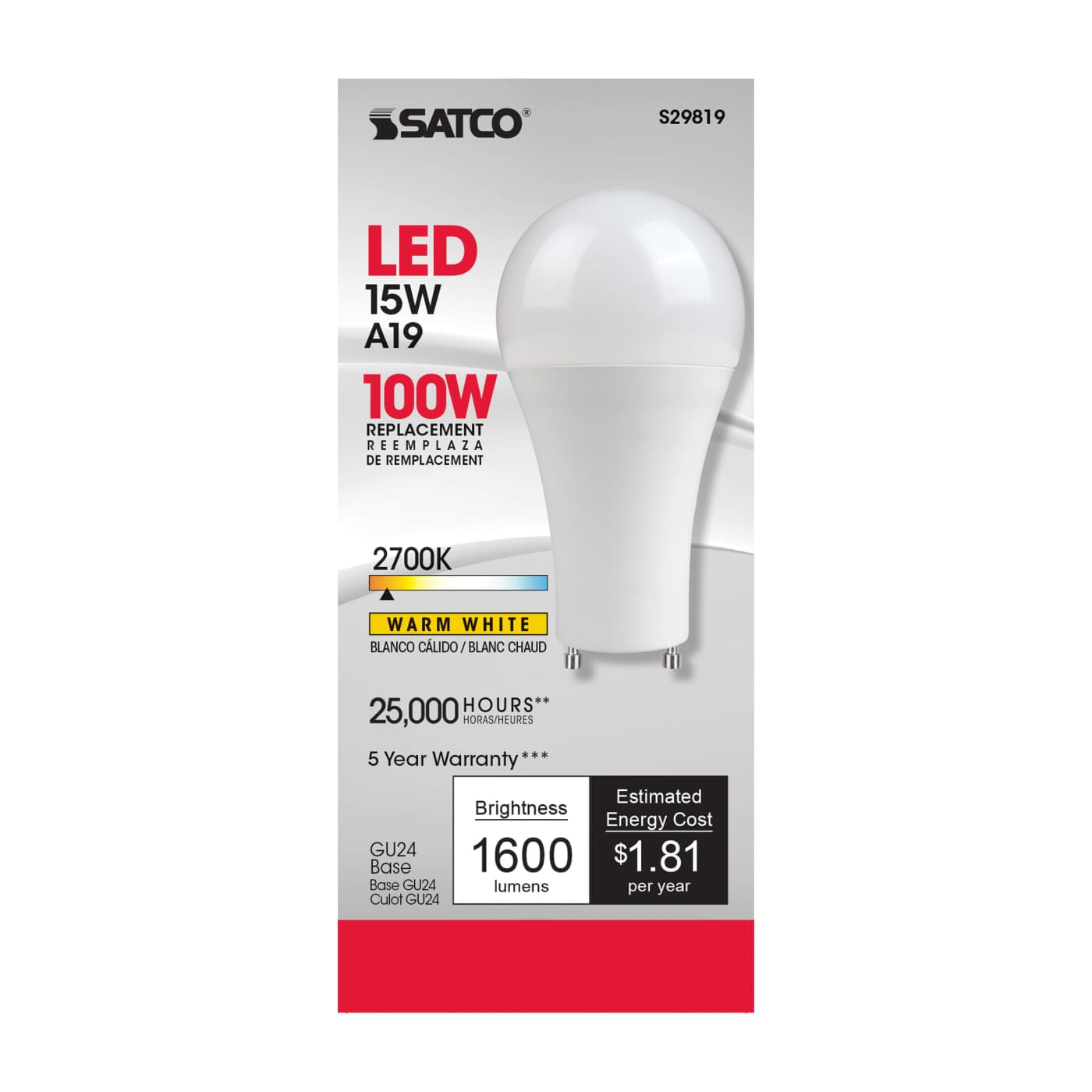 15A19/LED/27K/1600/120V/GU24 - S29819