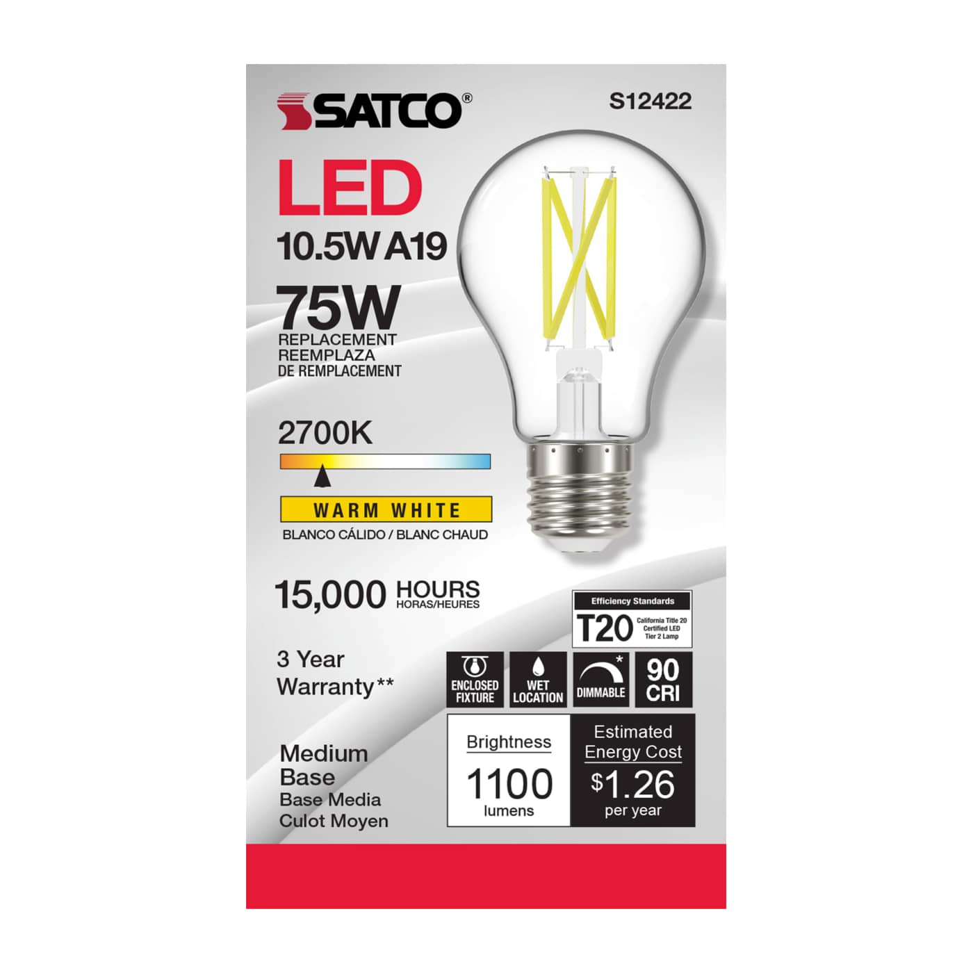 10.5A19/CL/LED/E26/927/120V - S12422