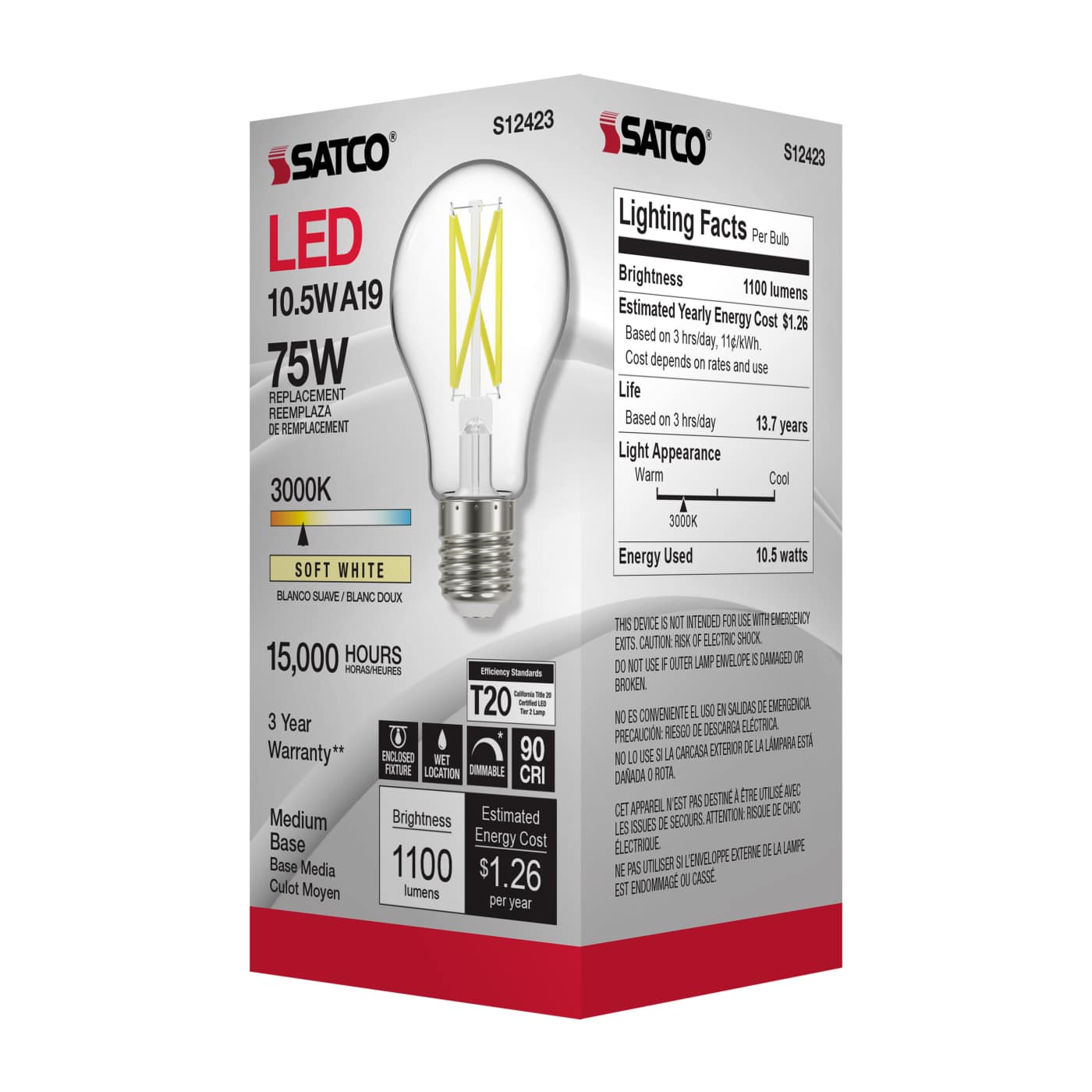 10.5A19/CL/LED/E26/930/120V - S12423