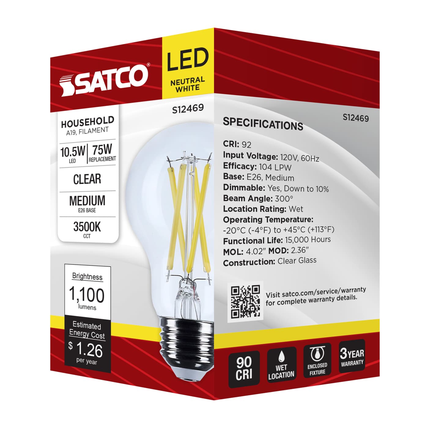10.5A19/CL/LED/E26/935/120V - S12469