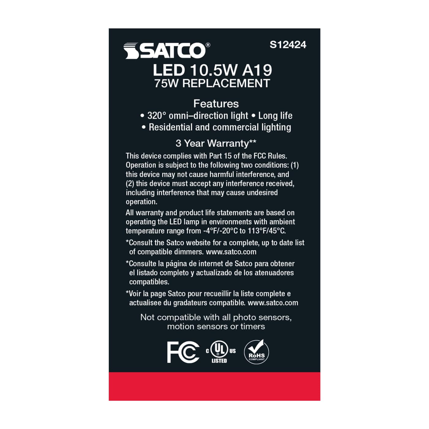 10.5A19/CL/LED/E26/940/120V - S12424