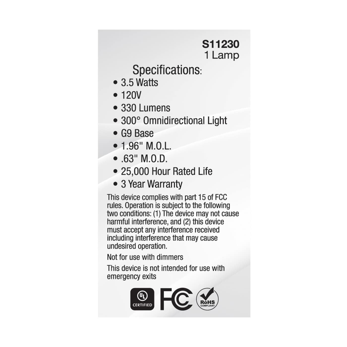 3.5W/LED/G9/830/CL/120V/ND - S11230