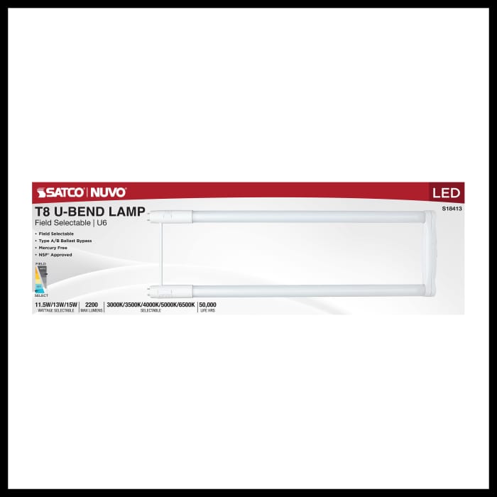 SAT S18413 11.5/13/15 WATTAGE SELECTABLE T8 U-BEND LED 30K/35K/40K/50K/65K CCT SELECTABLE 6-INCH FROST FINISH 120-277 RANGE VOLTAGE